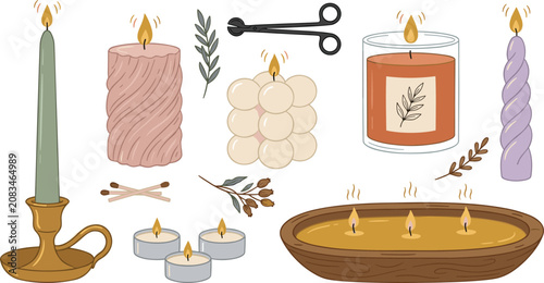 Foto Cozy Aromatherapy Scented Candle Vector Illustration Set with Wax Bubble Candles