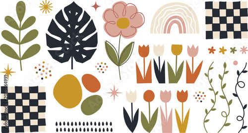 Boho Floral Vector Element Set with Monstera Leaves, Tulips, Rainbows, and Checkboard Patterns for Contemporary Graphic Design and Trendy Surface Patterns
