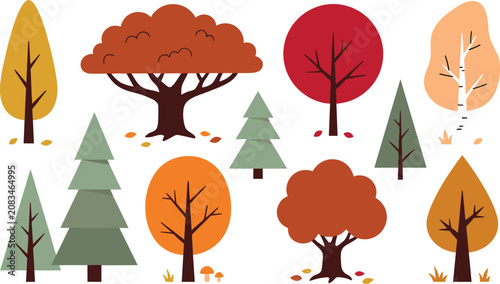 Autumn Forest Trees Vector Illustration Set with Colorful Fall Foliage Pines Birches Maples and Oaks for Seasonal Nature Landscape Graphic Designs