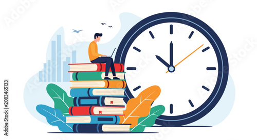 Young student working on a laptop while sitting on a huge stack of books next to a giant clock to manage studying time.