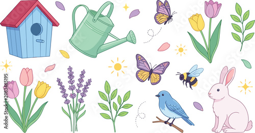 Cute Spring Garden Vector Illustration Set with Birdhouse Watering Can Tulips Lavender Butterflies Bluebird and Bunny for Easter and Floral Graphic Designs
