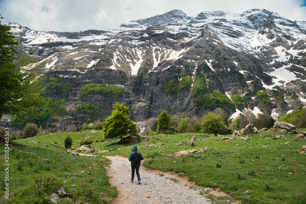 Fototapeta premium A young girl hiking alone in the Pyrenees, Pineta Valley, Monte Perdido, Camino de los Llanos de la Larri, Aragón, Huesca, Spain