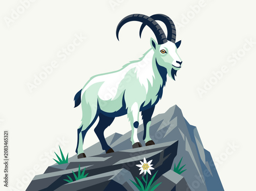 Obraz na płótnie Majestic Alpine Ibex Standing on Rocky Mountain Summit with Edelweiss Flower, Ve