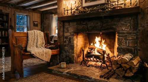 Cozy living room interior featuring a roaring stone fireplace a wooden bench with a knitted blanket and a window showing a winter scene creating a warm and inviting atmosphere for relaxation and