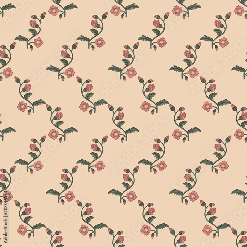 Floral pattern design featuring repeating red flowers and green leaves on a soft beige background, suitable for textiles, wallpapers, and decorative purposes