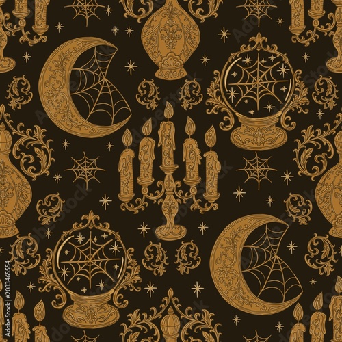 Vintage Halloween pattern featuring ornate lanterns, spider webs, moons, and candles on a dark background, ideal for seasonal decorations and themed designs