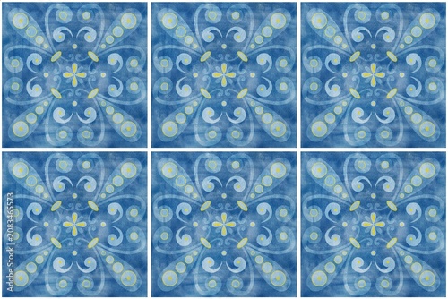 Abstract blue patterned illustration featuring swirling designs and circular motifs arranged in a symmetrical grid layout across six panels
