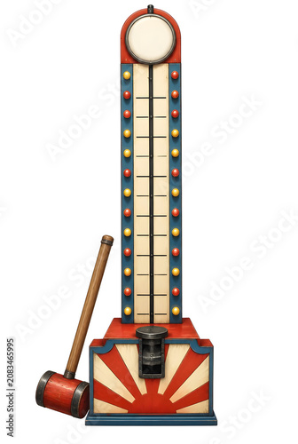 Vintage Carnival Strength Tester Hammer Game With Colorful Lights And Bell On Transparent Background