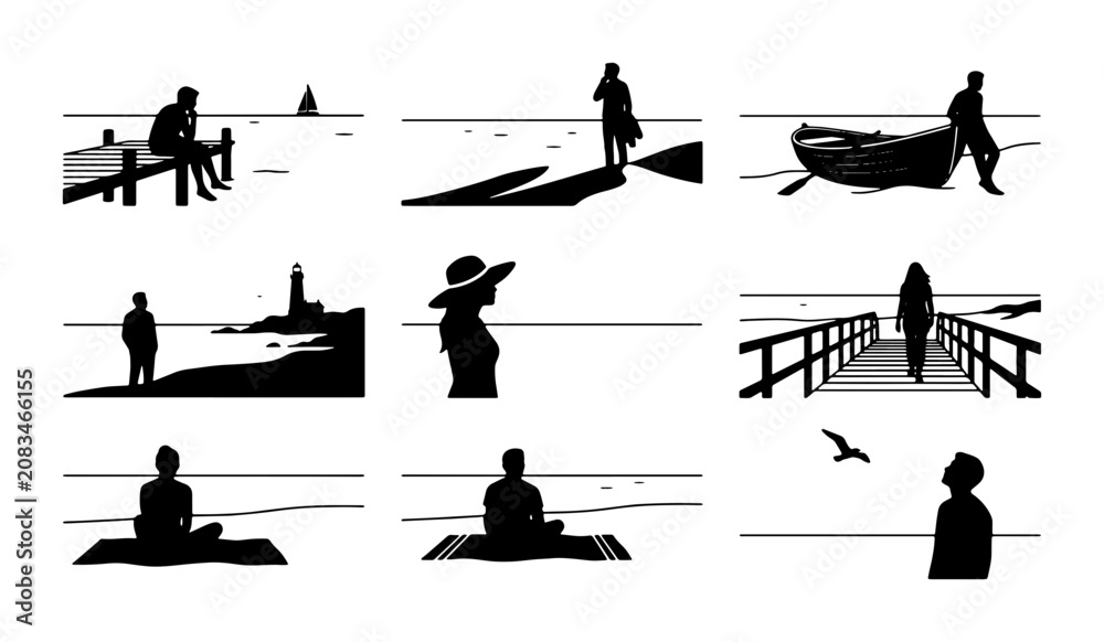 Obraz premium Vector Silhouettes of People by the Sea, Coastal Scenes, Solitude and Reflection, Nautical Elements, Minimalist Beach Illustrations