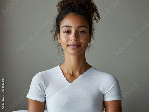 Young woman in white shirt, serene indoor studio setting