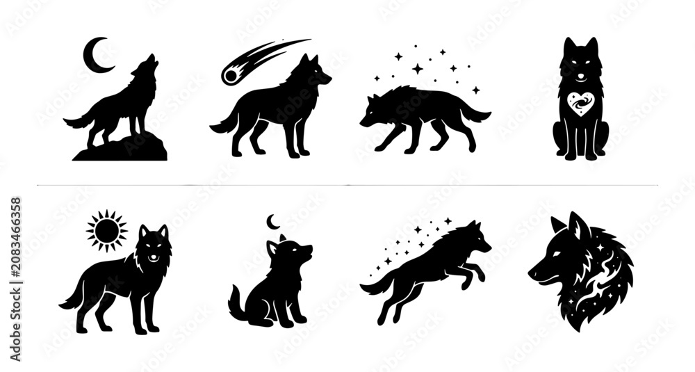 Fototapeta premium Wolf Silhouette Vector Icons, Wild Animal Graphics Set, Canine Spirit Symbols, Night Sky Elements, Black and White Design Assets