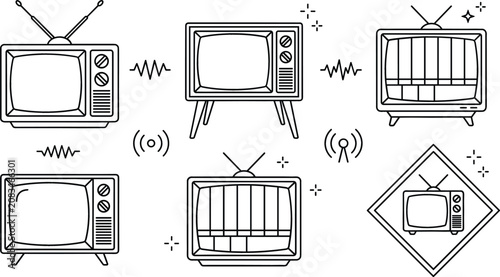 Photos Retro television line icon bundle featuring vintage tv set vector antenna screen