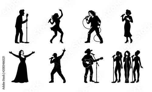 Diverse Singers Silhouettes Collection, Music Performance Icons, Vocalist Group Set, Live Concert Performers Vector Art