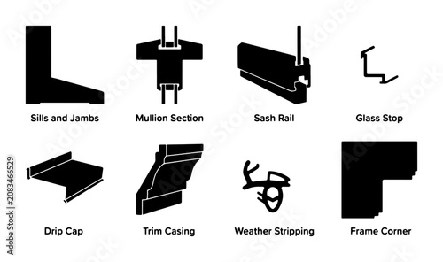 Quadro su tela Window Frame Components Vector Set: Sills, Jambs, Mullion, Sash Rail, Drip Cap,