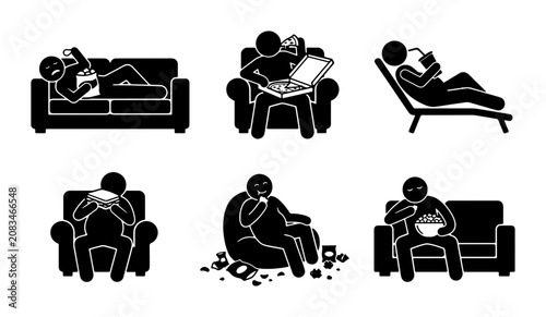 Fotografía Stick Figure Icons: Sedentary Lifestyle, Couch Potato Habits, Unhealthy Eating,