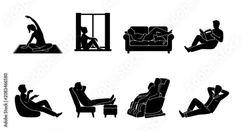 Photos Relaxation Silhouette Icons: Yoga, Couch, Window, Recliner, Massage Chair, and L