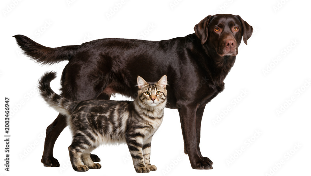 Naklejka premium Chocolate Labrador dog standing behind tabby cat