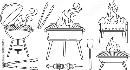 Tableau sur toile Barbecue grill and picnic icon set with line art charcoal brazier fire flame ton