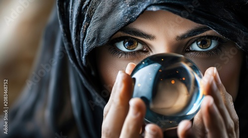 Mysterious Woman Gazing Into Crystal Ball Foretelling Future.