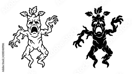 Obraz na plátně Mandragora Demon Illustration: A stylized illustration depicting a mythical Mandragora demon, with a human-like face contorted in a scream, gnarled branches for limbs, and leafy sprouts on its head