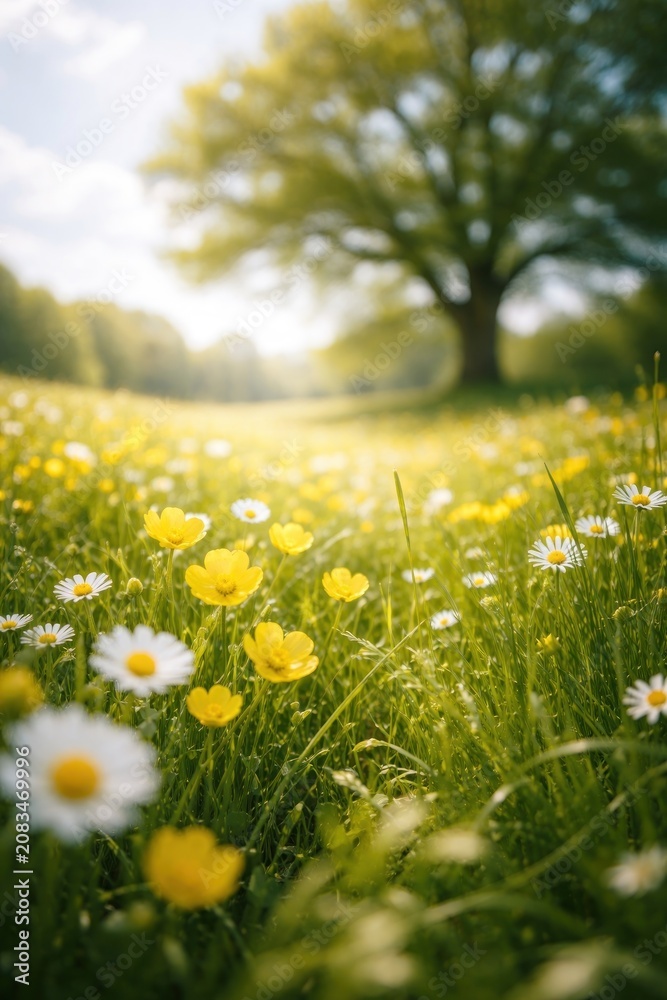 Fototapeta premium Serene meadow with blooming flowers.