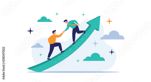Two business partners help each other to climb a large green arrow pointing upwards to symbolize success and teamwork in growth.