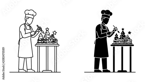 фотографія Pastry Chef Decorating Cake: A chef in uniform meticulously decorates a festive cake, showcasing artistry and culinary skill