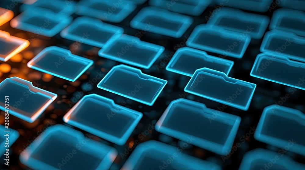 Obraz premium Illuminated digital folders arranged in a grid, with glowing orange accents