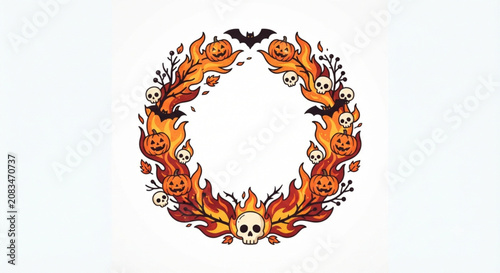 ​Halloween Wreath with Pumpkins Skulls and Fire Elements Isolated on White