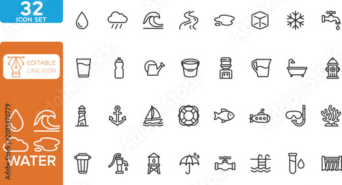 Water line editable Icons set. vector illustration. Containing water, drop, rain, glass of water, shower, drinking water and more. on transparent background.