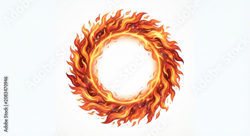 Circular fire ring frame with burning flame effects on white background