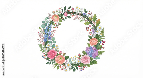​Watercolor Botanical Floral Wreath with Roses and Wildflowers