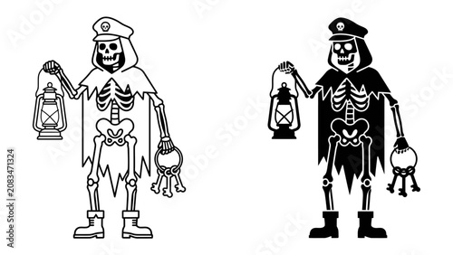 Tableau sur toile Skeleton with Lantern: A spooky skeleton in a tattered cape and cap holds an old-fashioned lantern in its bony hand, casting an eerie glow