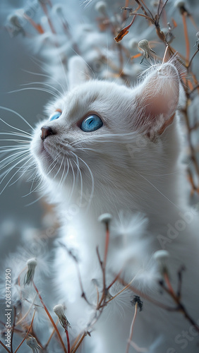 Portrait of white kitten with blue eyes outdoors among fluffy plants outdoors whiskers portrait