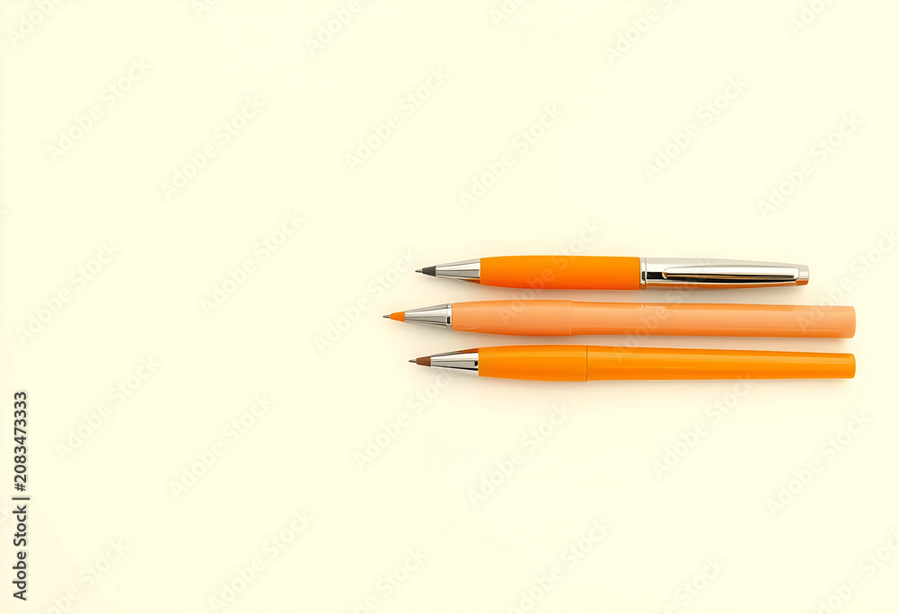 Obraz premium Three orange pens flat lay on light background