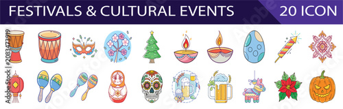 Colorful Cultural Festival Icons with Traditional Celebrations and Festive Decorations Flat Design