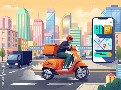 Obraz na plátne Food Delivery Courier on Scooter with Mobile App UI in Modern Cityscape