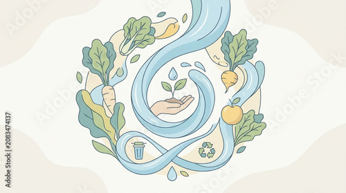 Eco-Friendly Sustainable Agriculture Illustration Featuring Plant Growth, Recycling Symbol, and Organic Vegetables in a Circular Eco-Concept Design
