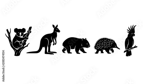 Photography Australian Wildlife Animal Silhouette Vector Set with Koala Kangaroo Wombat Echi
