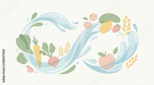 Infinity Loop of Water and Vegetables in Pastel Illustration Representing Sustainable Agriculture and Fresh Produce