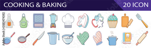 Colorful Cooking and Baking Icons Set with Kitchen Utensils and Ingredients Flat Design