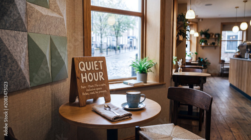 A coffee cup on a saucer, a napkin with a spoon, and a wooden sign reading 