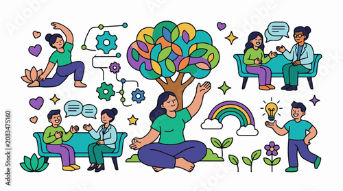 Diverse individuals engaged in self-care connection and creative thought