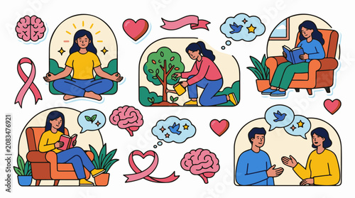 Diverse people engage in self-care gardening reading and conversation