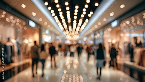 Blurred perspective of people walking through a brightly lit indoor shopping arcade