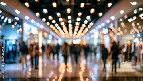 Blurred image of shoppers walking through a brightly lit, modern shopping mall hallway