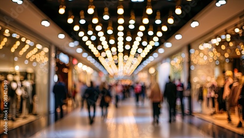 Softly lit, blurred interior of a busy shopping mall walkway
