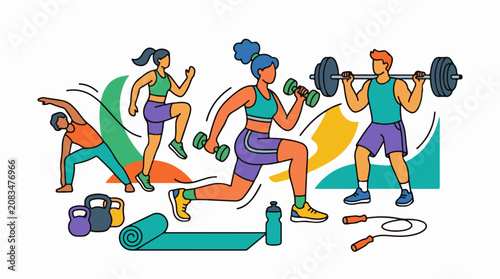 Diverse people engage in varied exercises with weights and equipment
