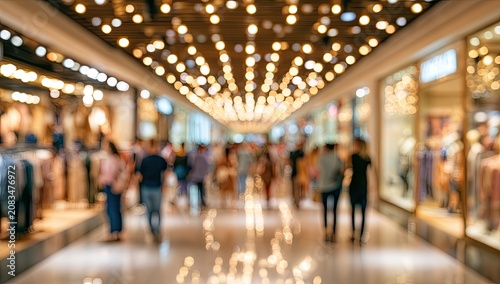 Blurred, warm lights illuminate a crowded indoor shopping mall corridor