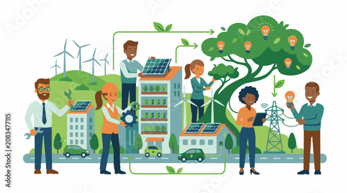 Diverse people collaborate to build a sustainable green energy future